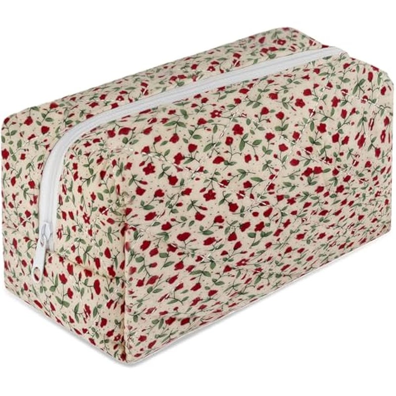 يورسكيتووس شنطة مكياج قطنية صغيرة مبطنة بتصميم زهور، شنطة مكياج لطيفة ومنتفخة بتصميم زهور، شنطة مكياج للسفر محمولة بسحاب لتخزين ادوات الزينة للنساء والفتيات والمراهقين والاطفال (احمر) - Image 1